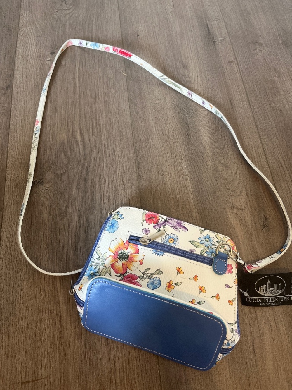 Italian Leather Floral Crossbody Bag White Multicolor NWT